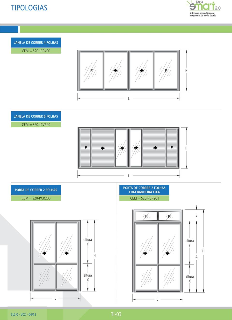 CEM = S20-PCR200 PORTA DE CORRER 2 FOLHAS COM BANDEIRA FIXA CEM