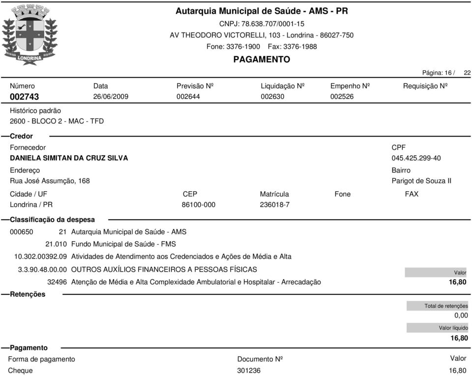 00392.09 Atividades de Atendimento aos Credenciados e Ações de Média e Alta 3.3.90.48.00.00 OUTROS AUXÍLIOS FINANCEIROS A