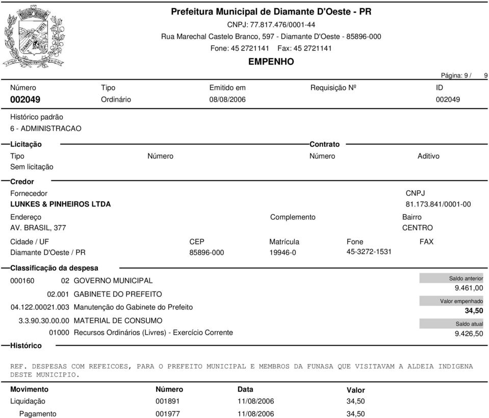 003 Manutenção do Gabinete do Prefeito 3.3.90.30.00.00 MATERIAL DE CONSUMO 9.461,00 34,50 9.426,50 REF.