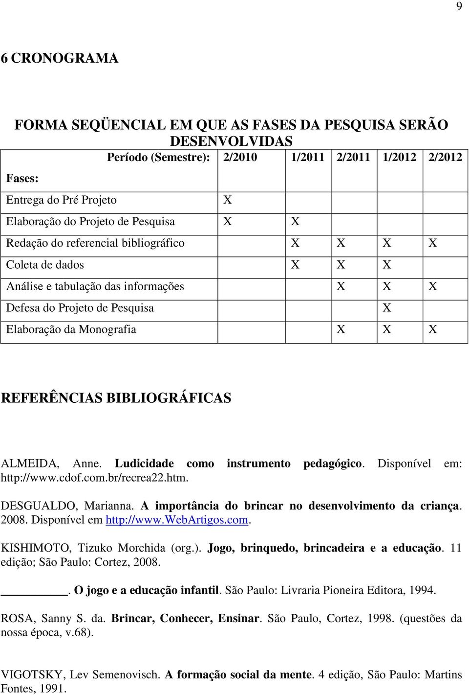 BIBLIOGRÁFICAS ALMEIDA, Anne. Ludicidade como instrumento pedagógico. Disponível em: http://www.cdof.com.br/recrea22.htm. DESGUALDO, Marianna. A importância do brincar no desenvolvimento da criança.