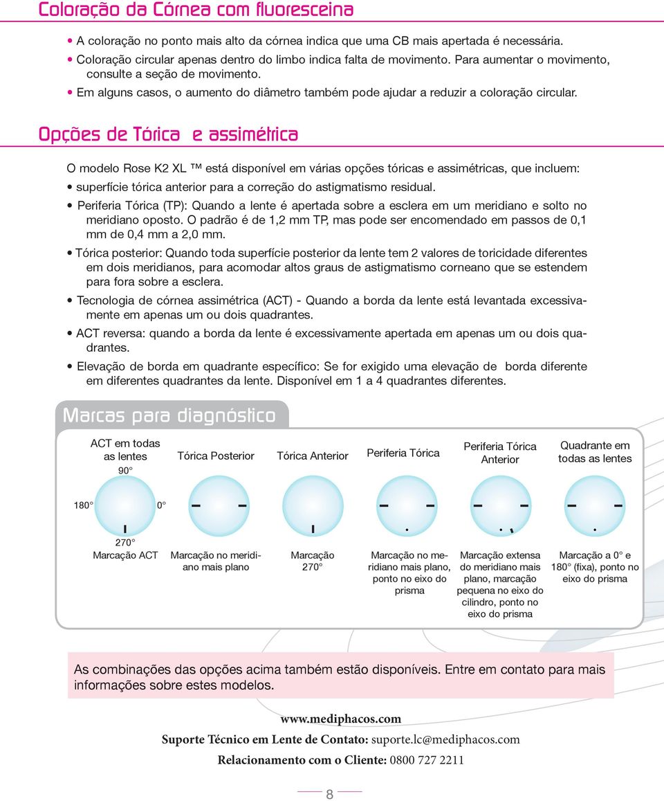 Opções de Tórica e assimétrica O modelo Rose K2 XL está disponível em várias opções tóricas e assimétricas, que incluem: superfície tórica anterior para a correção do astigmatismo residual.