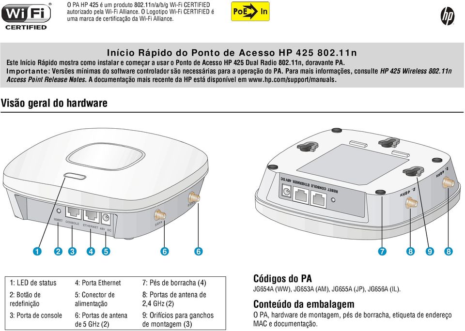 Importante: Versões mínimas do software controlador são necessárias para a operação do PA. Para mais informações, consulte HP 25 Wireless 802.11n Access Point Release Notes.