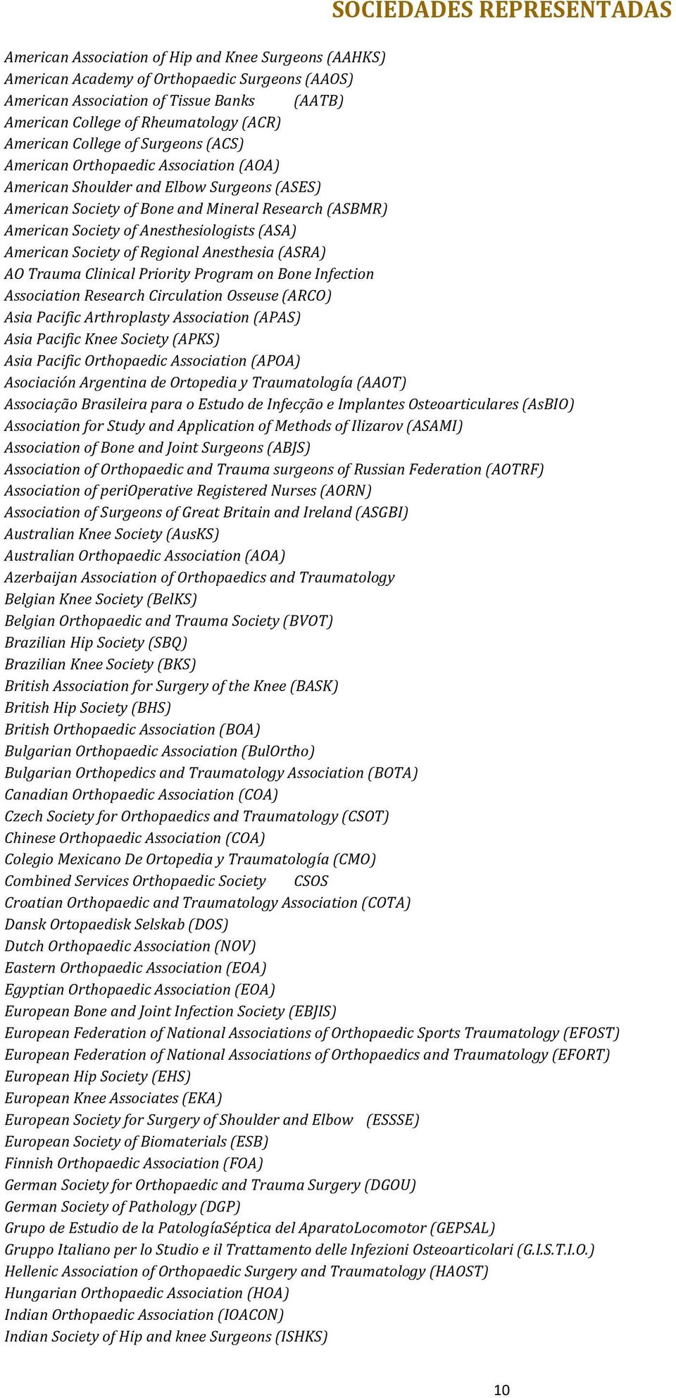 Society of Anesthesiologists (ASA) American Society of Regional Anesthesia (ASRA) AO Trauma Clinical Priority Program on Bone Infection Association Research Circulation Osseuse (ARCO) Asia Pacific