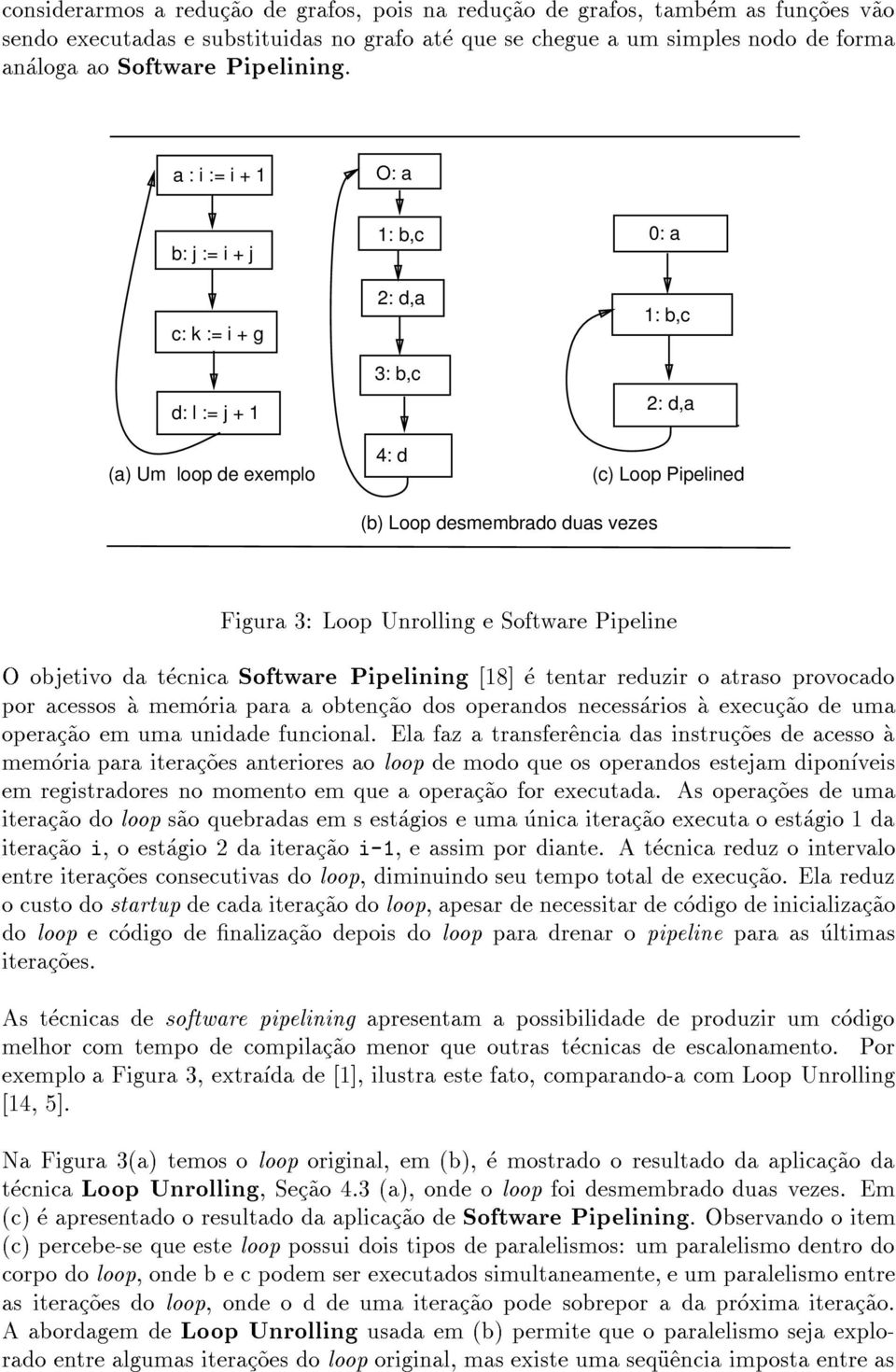 a : i := i + 1 O: a b: j := i + j c: k := i + g d: l := j + 1 (a) Um loop de exemplo 1: b,c 2: d,a 3: b,c 4: d 0: a 1: b,c 2: d,a (c) Loop Pipelined (b) Loop desmembrado duas vezes Figura 3: Loop