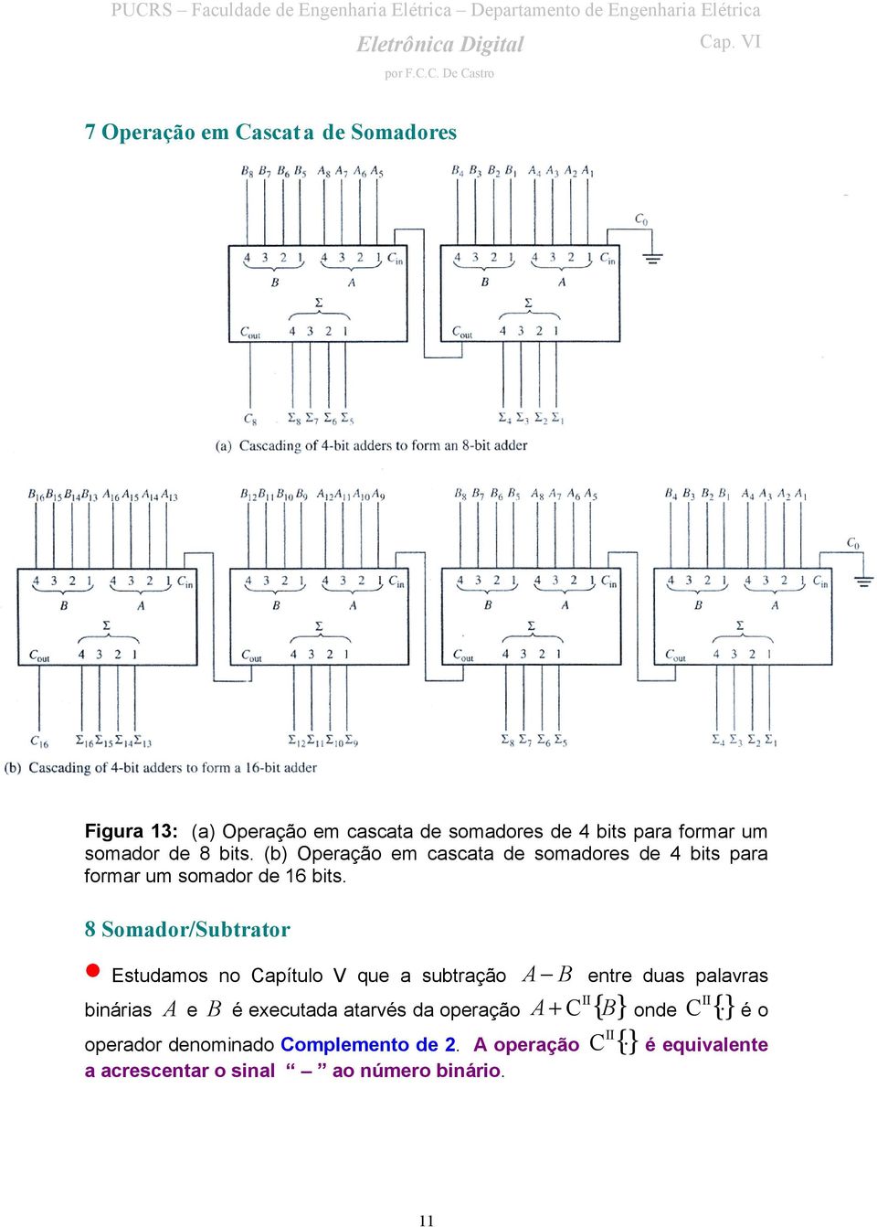 8 Somador/Subtrator Estudamos no Capítulo V que a subtração binárias A e B é executada atarvés da operação + {} onde C