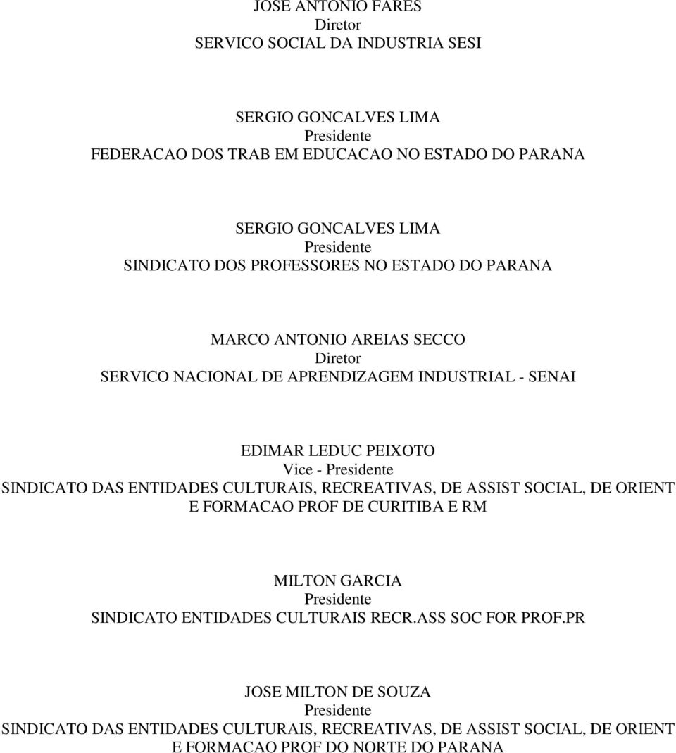 - Presidente SINDICATO DAS ENTIDADES CULTURAIS, RECREATIVAS, DE ASSIST SOCIAL, DE ORIENT E FORMACAO PROF DE CURITIBA E RM MILTON GARCIA Presidente SINDICATO ENTIDADES