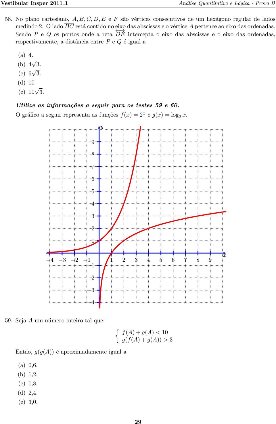 entre P e Q é igual a (a) 4 (b) 4 (c) 6 (d) (e) Utilize as informações a seguir para os testes 59 e 6 O gráfico a seguir representa as funções f() = e g() =