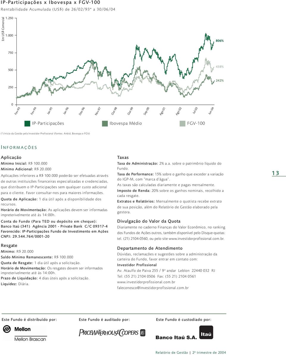 Investidor Profissional (Fontes: Anbid, Bovespa e FGV) I NFORMAÇÕES Aplicação Mínimo Inicial: R$ 100.000 Mínimo Adicional: R$ 20.000 Aplicações inferiores a R$ 100.