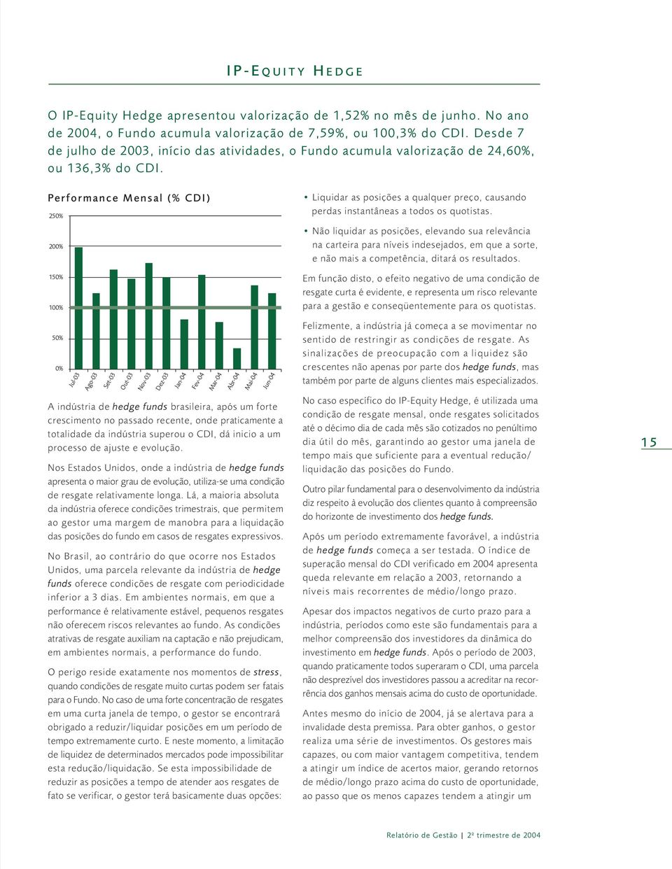 Performance Mensal (% CDI) 250% 200% 150% 100% 50% 0% Jul-03 Ago-03 Set-03 Out-03 Nov-03 Dez-03 Jan-04 Fev-04 Mar-04 Abr-04 Mai-04 Jun-04 A indústria de hedge funds brasileira, após um forte