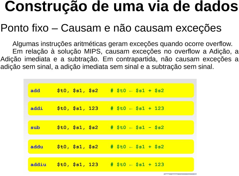 Em relação à solução MIPS, causam exceções no overflow a Adição, a Adição