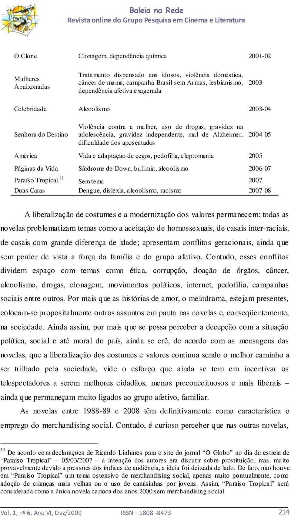 aposentados 2004-05 América Vida e adaptação de cegos, pedofilia, cleptomania 2005 Páginas da Vida Síndrome de Down, bulimia, alcoolis mo 2006-07 Paraíso Tropical 11 Sem tema 2007 Duas Caras Dengue,