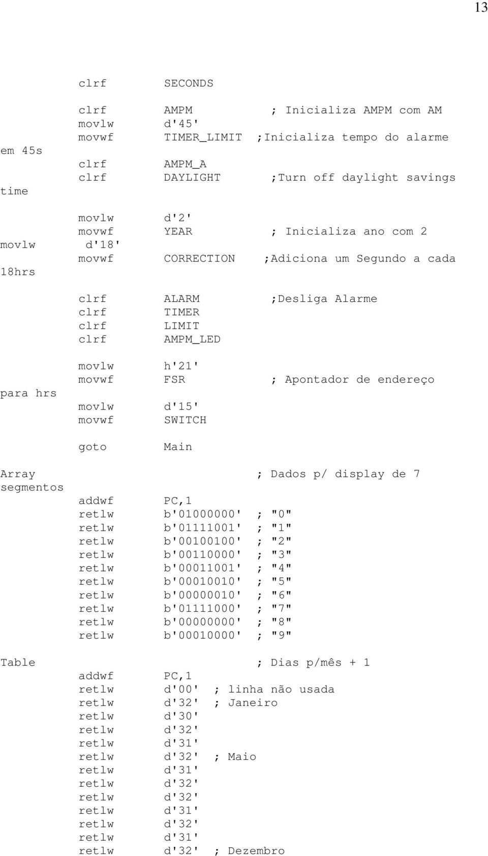 endereço movlw d'15' movwf SWITCH goto Main Array ; Dados p/ display de 7 segmentos addwf PC,1 retlw b'01000000' ; "0" retlw b'01111001' ; "1" retlw b'00100100' ; "2" retlw b'00110000' ; "3" retlw