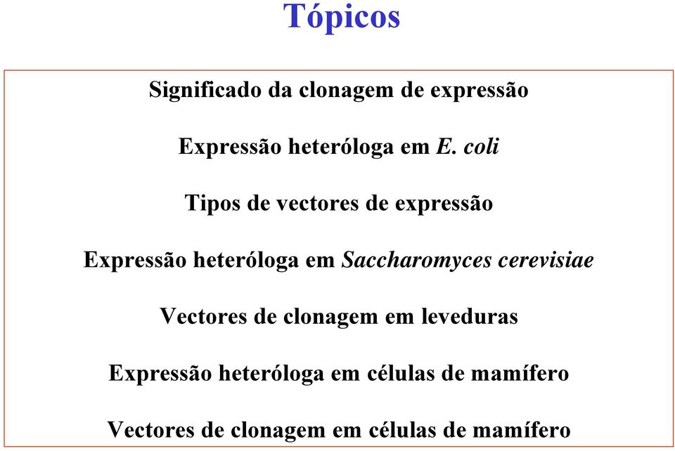 Saccharomyces cerevisiae Vectores de clonagem em leveduras Expressão