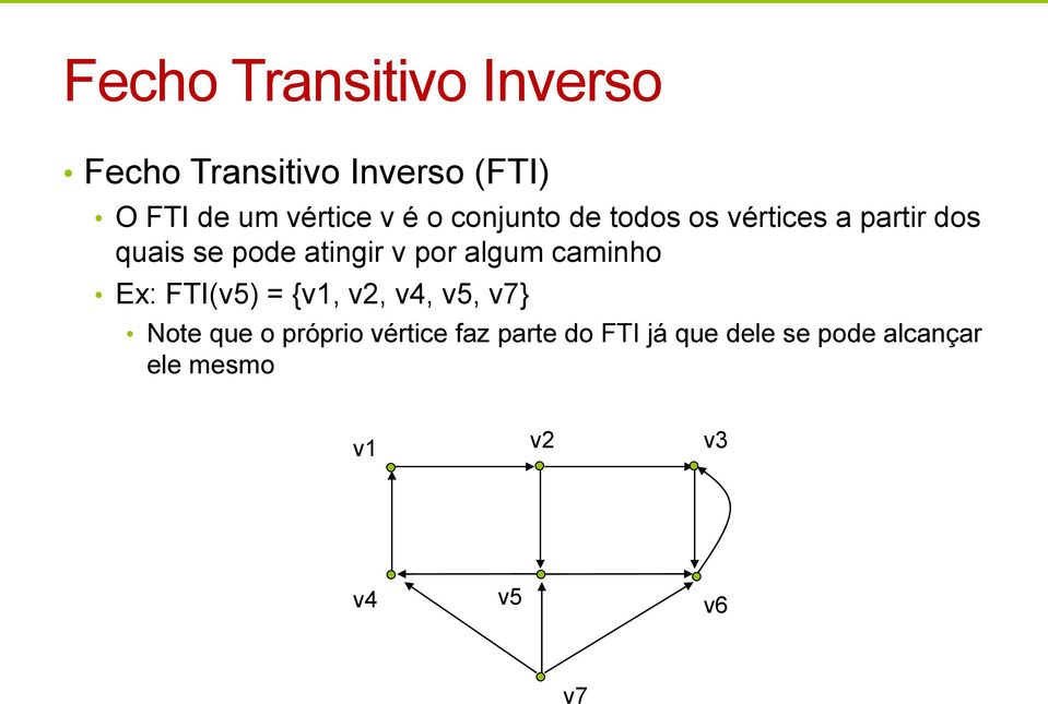 atingir v por algum caminho Ex: FTI(v5) = {v,, v4, v5, v7} Note que o