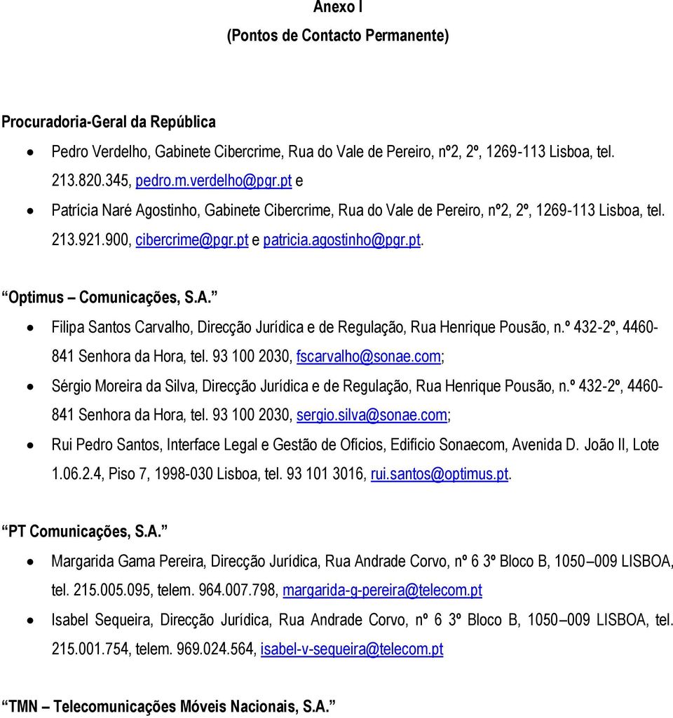 º 432-2º, 4460-841 Senhora da Hora, tel. 93 100 2030, fscarvalho@sonae.com; Sérgio Moreira da Silva, Direcção Jurídica e de Regulação, Rua Henrique Pousão, n.º 432-2º, 4460-841 Senhora da Hora, tel. 93 100 2030, sergio.