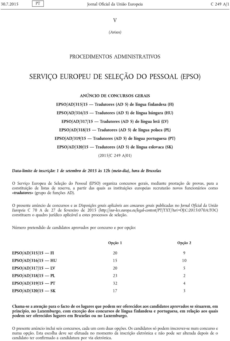 EPSO/AD/319/15 Tradutores (AD 5) de língua portuguesa (PT) EPSO/AD/320/15 Tradutores (AD 5) de língua eslovaca (SK) (2015/C 249 A/01) Data-limite de inscrição: 1 de setembro de 2015 às 12h