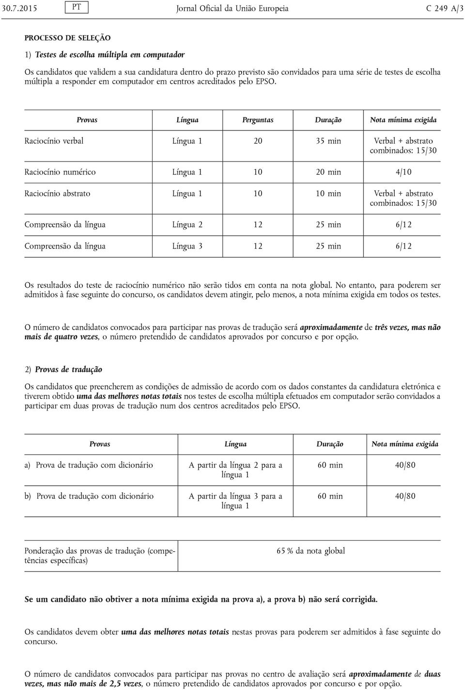 Provas Língua Perguntas Duração Nota mínima exigida Raciocínio verbal Língua 1 20 35 min Verbal + abstrato combinados: 15/30 Raciocínio numérico Língua 1 10 20 min 4/10 Raciocínio abstrato Língua 1