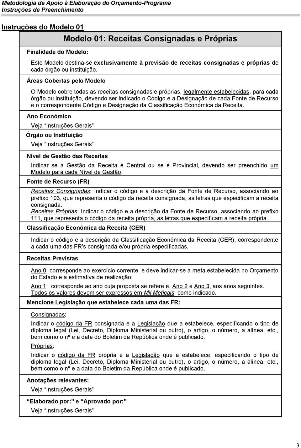 Áreas Cobertas pelo Modelo O Modelo cobre todas as receitas consignadas e próprias, legalmente estabelecidas, para cada órgão ou instituição, devendo ser indicado o Código e a Designação de cada