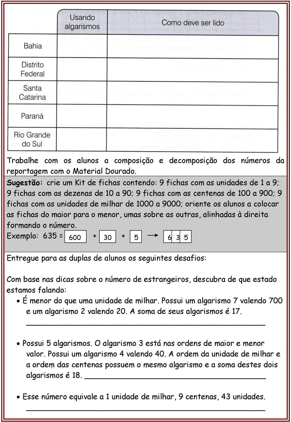 9000; oriente os alunos a colocar as fichas do maior para o menor, umas sobre as outras, alinhadas à direita formando o número.