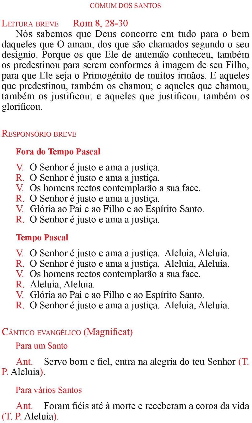 E aqueles que predestinou, também os chamou; e aqueles que chamou, também os justificou; e aqueles que justificou, também os glorificou. Responsório breve Fora do Tempo Pascal V.