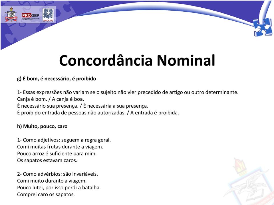 / A entrada é proibida. h) Muito, pouco, caro 1- Como adjetivos: seguem a regra geral. Comi muitas frutas durante a viagem.