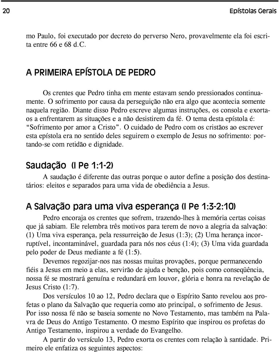 Diante disso Pedro escreve algumas instruções, os consola e exortaos a enfrentarem as situações e a não desistirem da fé. O tema desta epístola é: Sofrimento por amor a Cristo.