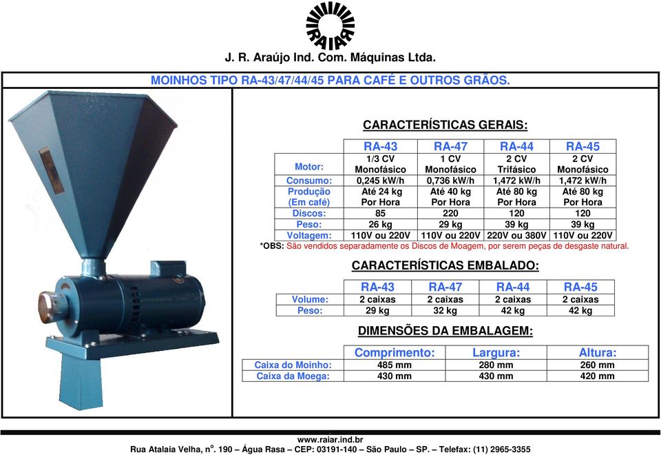220V ou 380V 110V ou 220V *OBS: São vendidos separadamente os Discos de Moagem, por serem peças de desgaste natural CARACTERÍSTICAS EMBALADO: RA-43 RA-47 RA-44