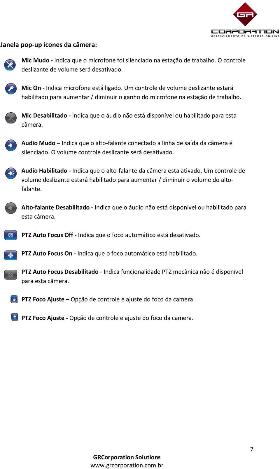 Mic Desabilitado - Indica que o áudio não está disponível ou habilitado para esta câmera. Audio Mudo Indica que o alto-falante conectado a linha de saída da câmera é silenciado.