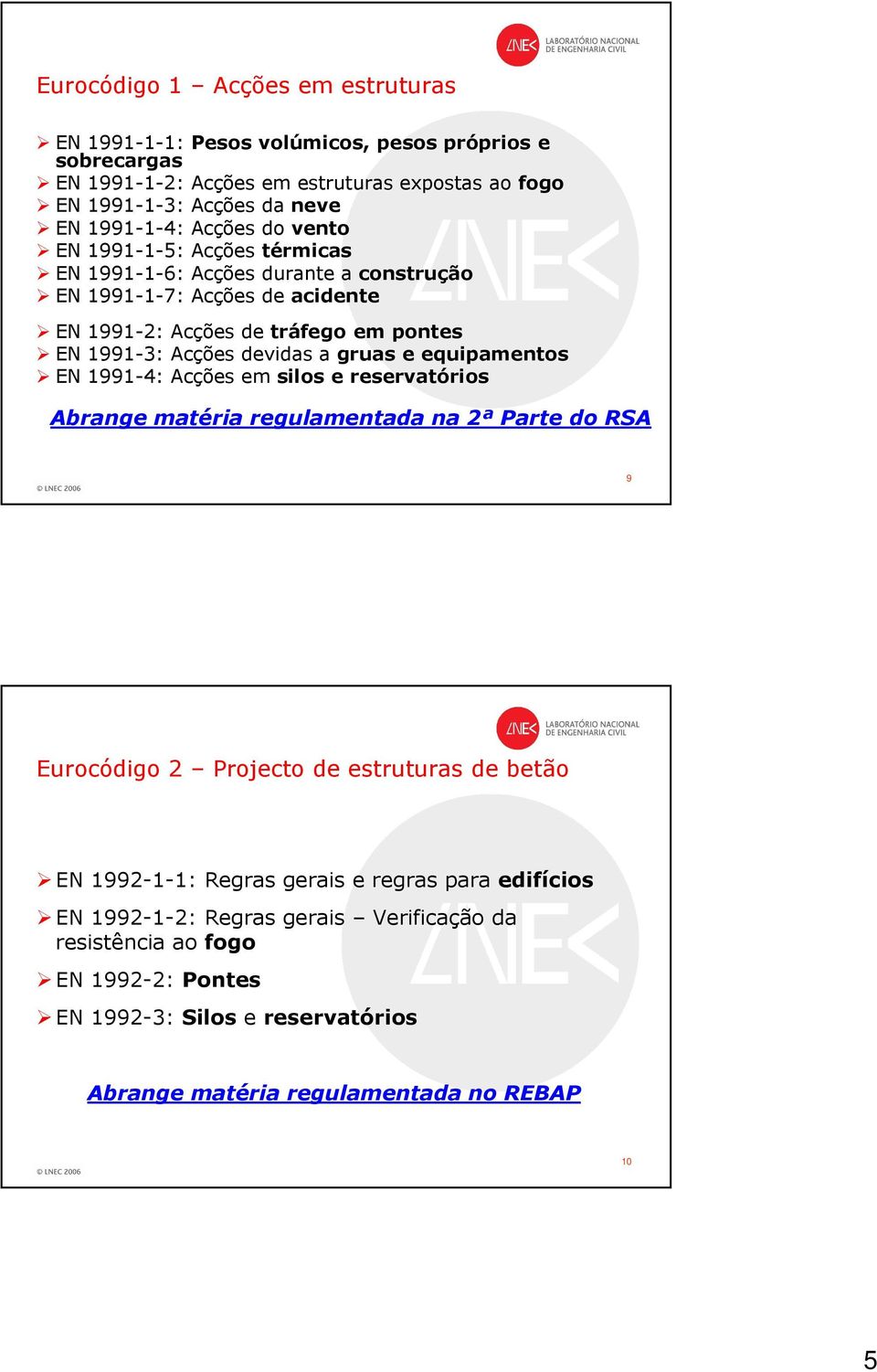 gruas e equipamentos EN 1991-4: Acções em silos e reservatórios Abrange matéria regulamentada na 2ª Parte do RSA 9 Eurocódigo 2 Projecto de estruturas de betão EN 1992-1-1: Regras