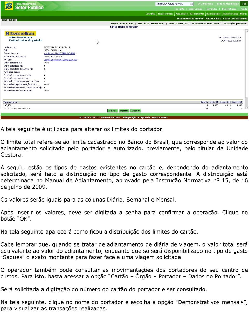 A seguir, estão os tipos de gastos existentes no cartão e, dependendo do adiantamento solicitado, será feito a distribuição no tipo de gasto correspondente.