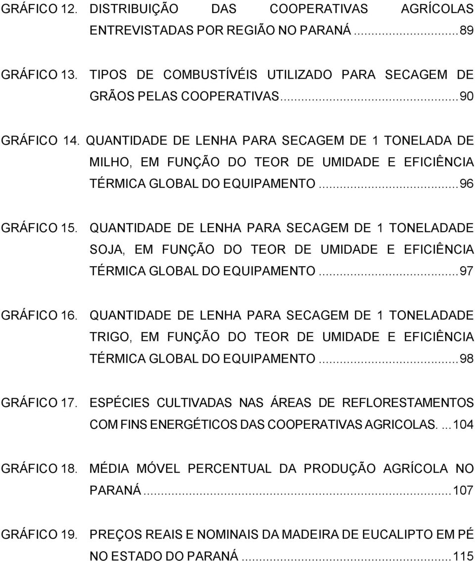 QUANTIDADE DE LENHA PARA SECAGEM DE 1 TONELADADE SOJA, EM FUNÇÃO DO TEOR DE UMIDADE E EFICIÊNCIA TÉRMICA GLOBAL DO EQUIPAMENTO... 97 GRÁFICO 16.