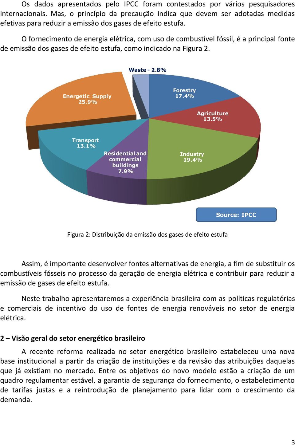 O fornecimento de energia elétrica, com uso de combustível fóssil, é a principal fonte de emissão dos gases de efeito estufa, como indicado na Figura 2. Waste - 2.8% Energetic Supply 25.