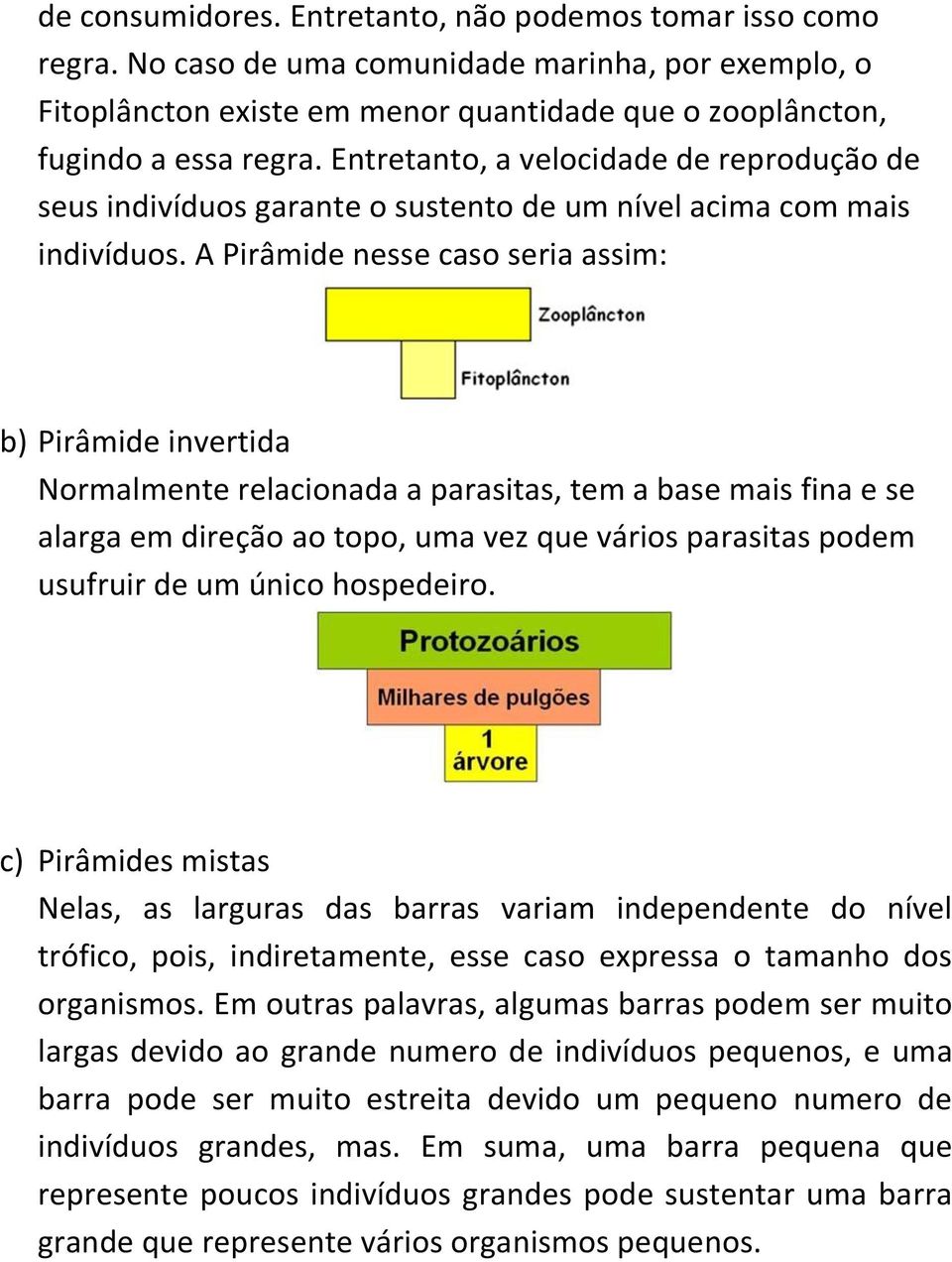 A Pirâmide nesse caso seria assim: b) Pirâmide invertida Normalmente relacionada a parasitas, tem a base mais fina e se alarga em direção ao topo, uma vez que vários parasitas podem usufruir de um