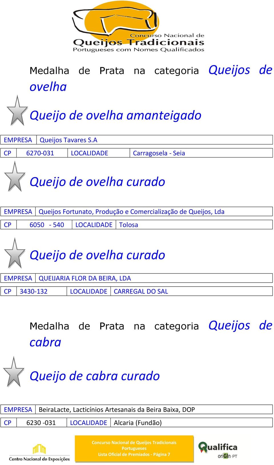 6050-540 LOCALIDADE Tolosa Queijo de ovelha curado EMPRESA QUEIJARIA FLOR DA BEIRA, LDA CP 3430-132 LOCALIDADE CARREGAL DO SAL Medalha de Prata