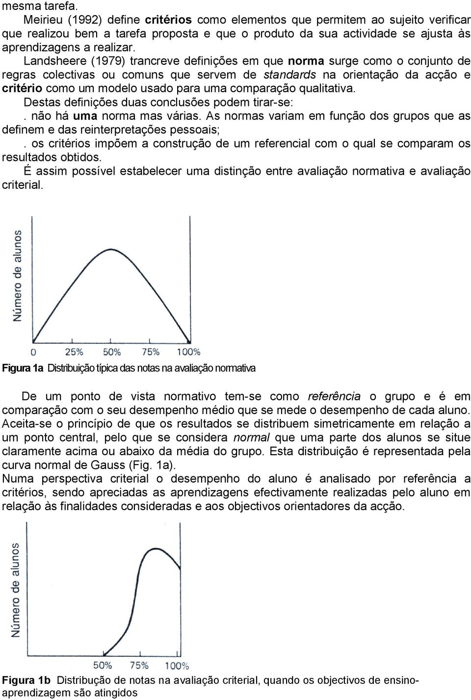 Landsheere (1979) trancreve definições em que norma surge como o conjunto de regras colectivas ou comuns que servem de standards na orientação da acção e critério como um modelo usado para uma