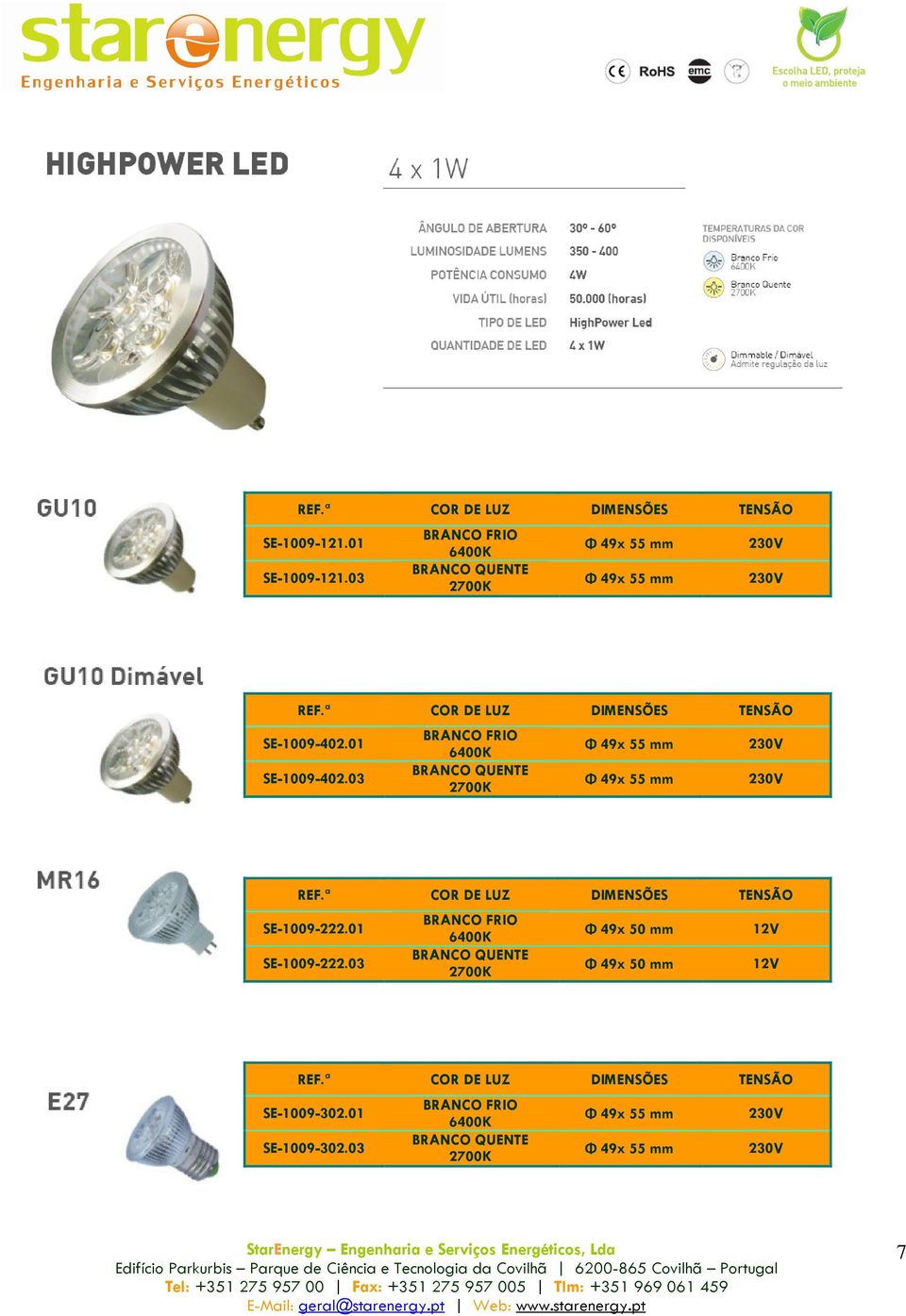 03 Φ 49x 55 mm Φ 49x 55 mm 230V 230V REF.ª COR DE LUZ DIMENSÕES TENSÃO SE-1009-222.01 SE-1009-222.