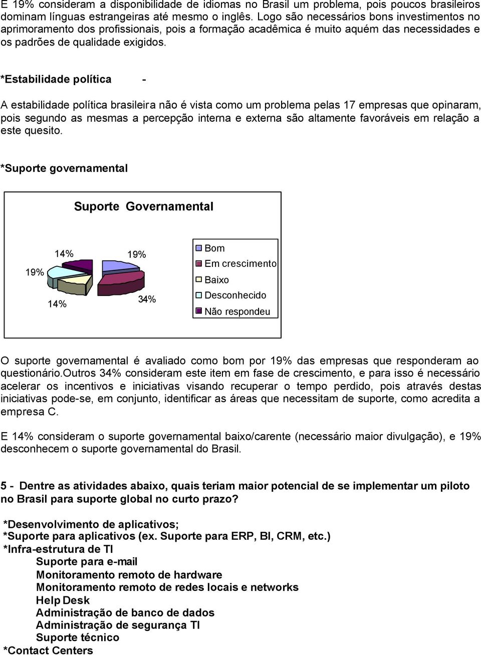 *Estabilidade política - A estabilidade política brasileira não é vista como um problema pelas 17 empresas que opinaram, pois segundo as mesmas a percepção interna e externa são altamente favoráveis