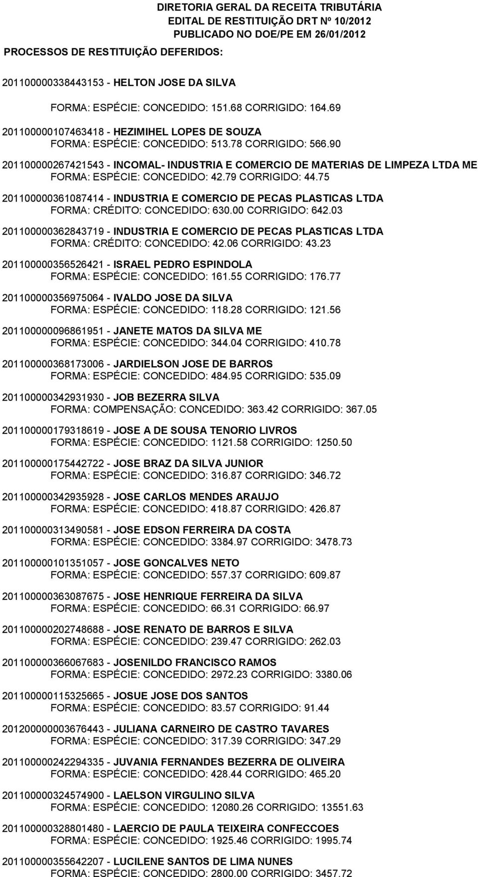 75 201100000361087414 - INDUSTRIA E COMERCIO DE PECAS PLASTICAS LTDA FORMA: CRÉDITO: CONCEDIDO: 630.00 CORRIGIDO: 642.