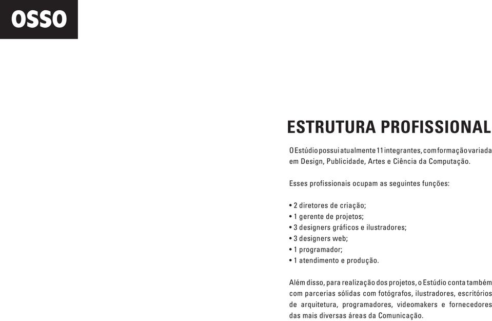 Esses profissionais ocupam as seguintes funções: 2 diretores de criação; 1 gerente de projetos; 3 designers gráficos e ilustradores; 3