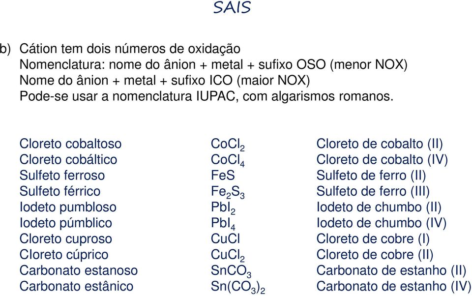 Cloreto cobaltoso CoCl 2 Cloreto de cobalto (II) Cloreto cobáltico CoCl 4 Cloreto de cobalto (IV) Sulfeto ferroso FeS Sulfeto de ferro (II) Sulfeto férrico Fe 2 S 3