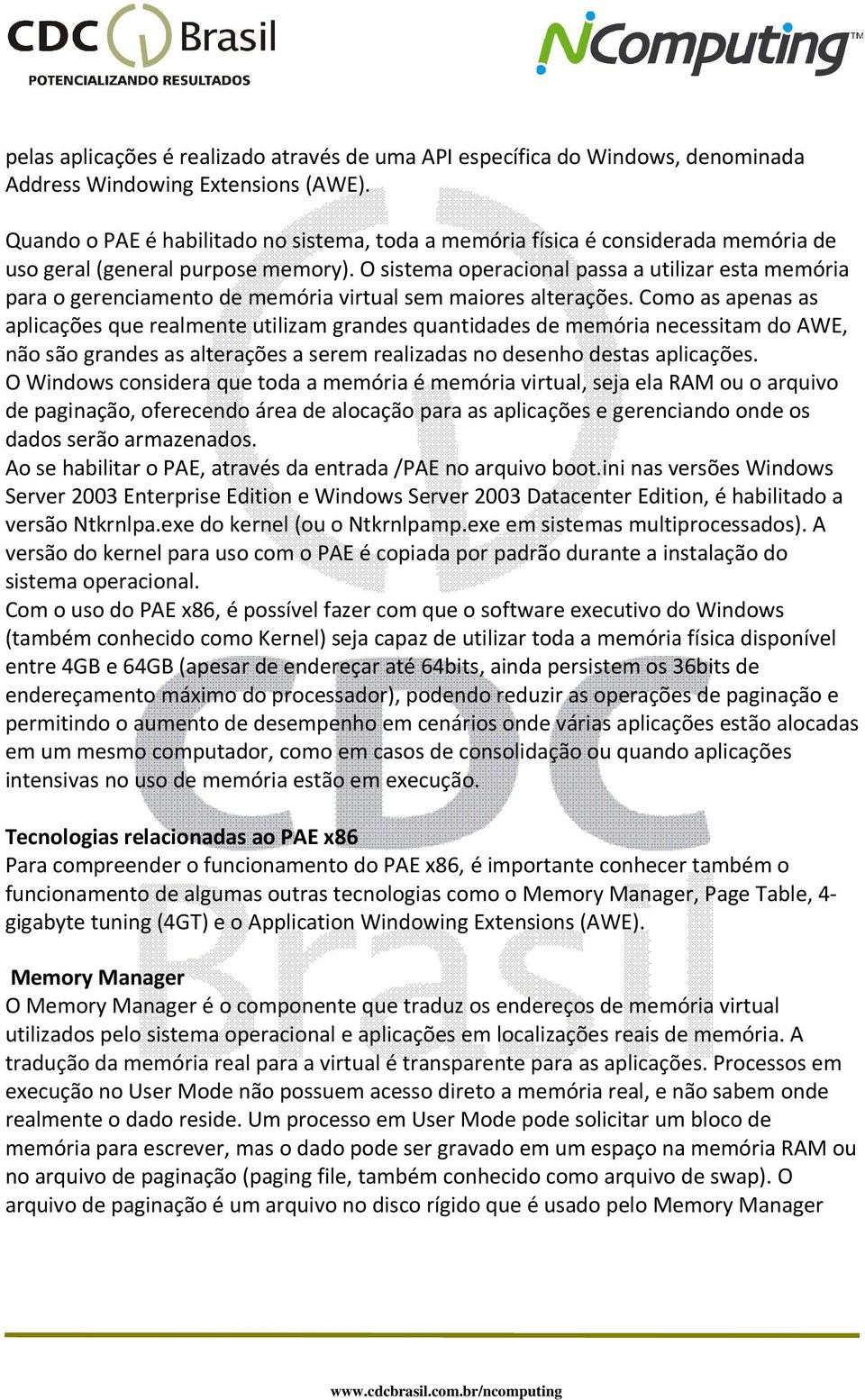 O sistema operacional passa a utilizar esta memória para o gerenciamento de memória virtual sem maiores alterações.