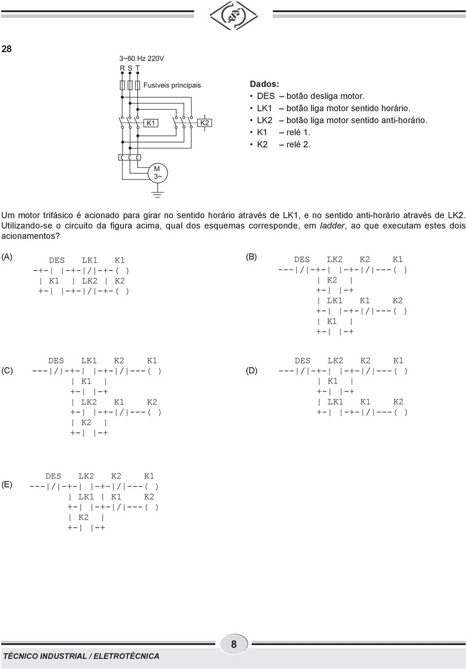 M 3~ Um motor trifásico é acionado para girar no sentido horário através de LK1, e no sentido anti-horário