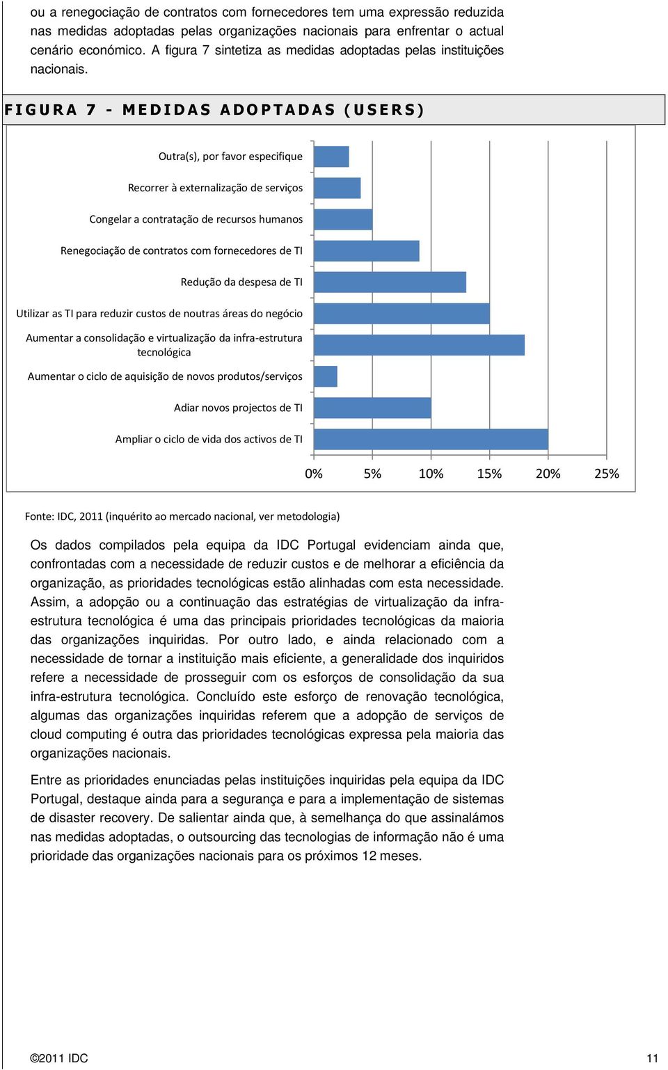 FIGURA 7 - MEDIDAS ADOPTADAS (USERS) Outra(s), por favor especifique Recorrer à externalização de serviços Congelar a contratação de recursos humanos Renegociação de contratos com fornecedores de TI