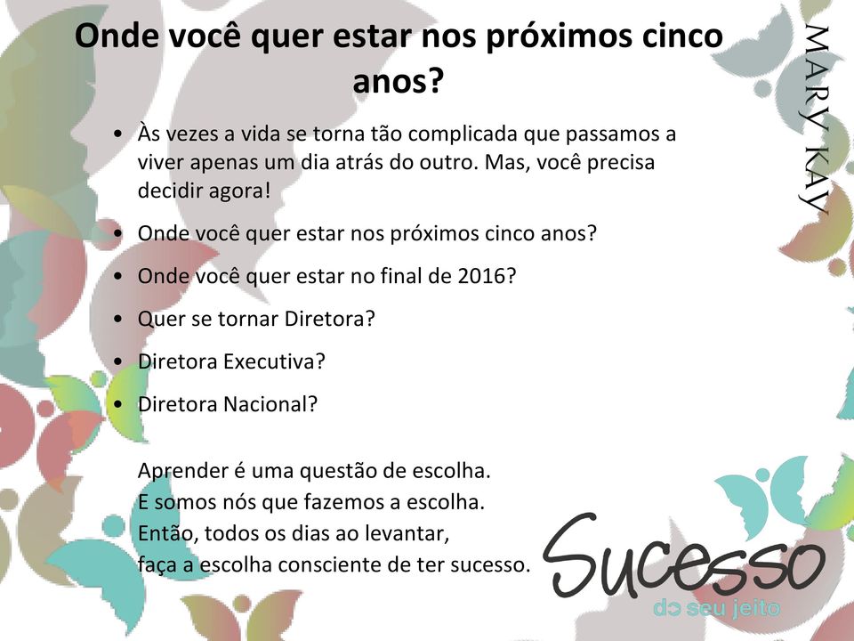 Mas, você precisa decidir agora!  Onde você quer estar no final de 2016? Quer se tornar Diretora?