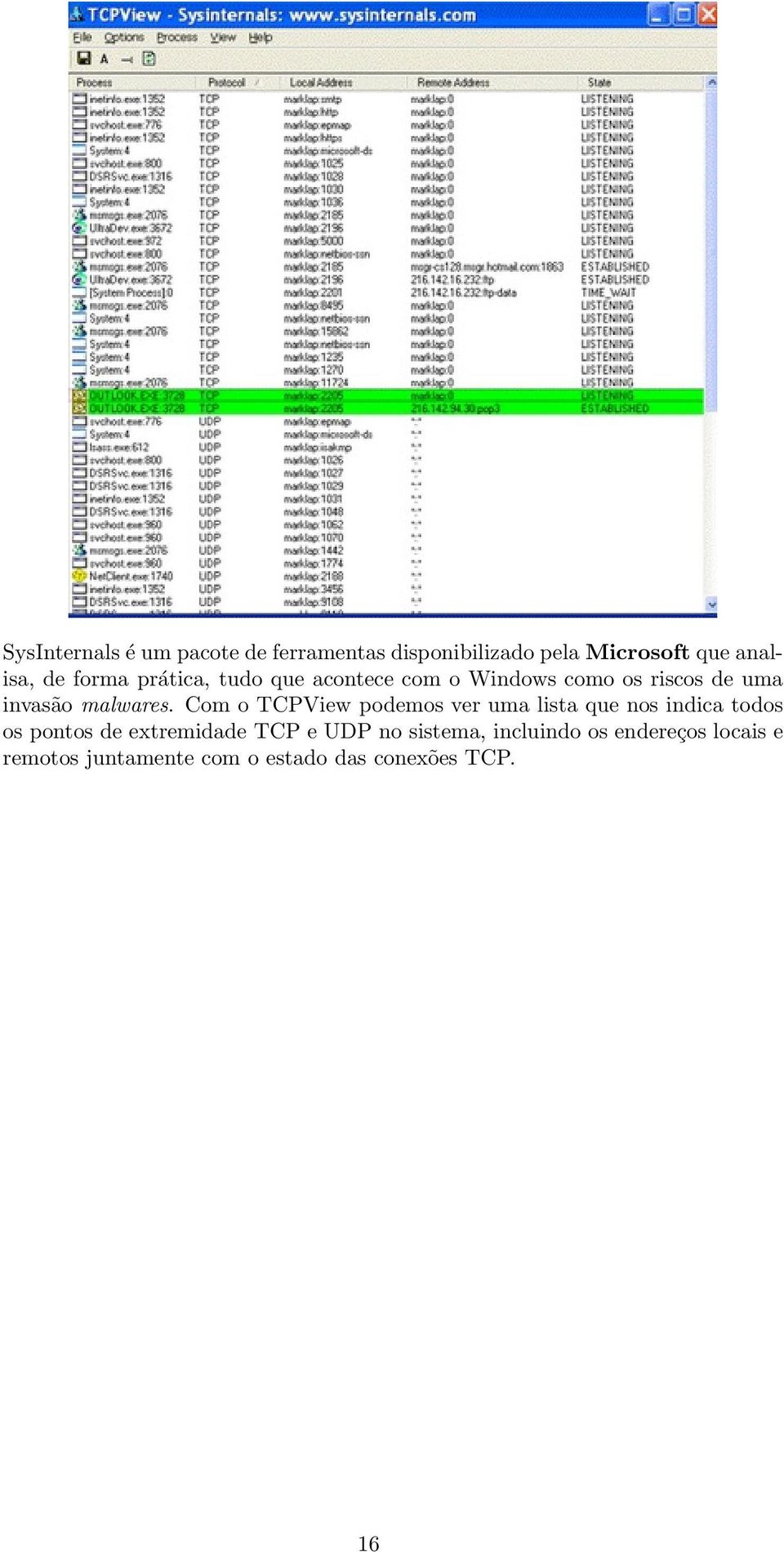 Com o TCPView podemos ver uma lista que nos indica todos os pontos de extremidade TCP e