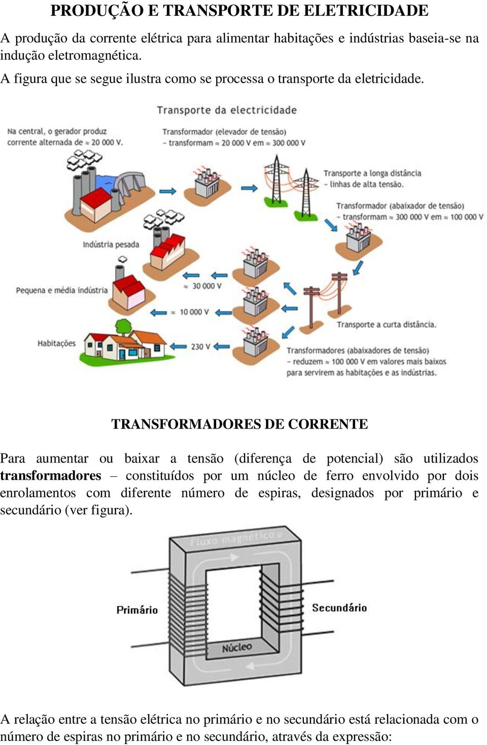 TRANSFORMADORES DE CORRENTE Para aumentar ou baixar a tensão (diferença de potencial) são utilizados transformadores constituídos por um núcleo de ferro