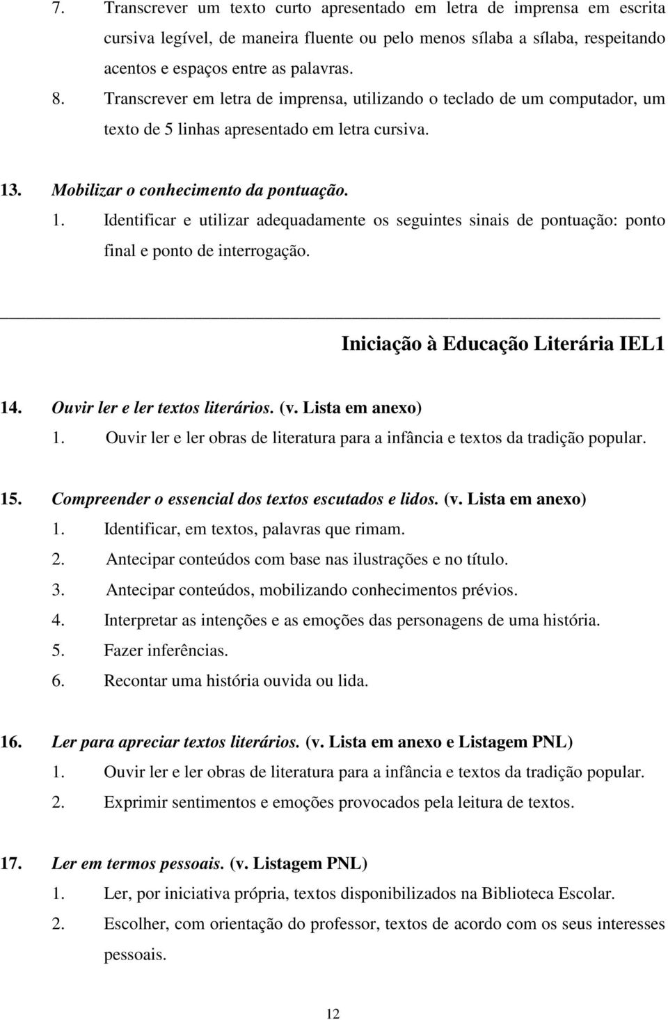 . Mobilizar o conhecimento da pontuação. 1. Identificar e utilizar adequadamente os seguintes sinais de pontuação: ponto final e ponto de interrogação. Iniciação à Educação Literária IEL1 14.