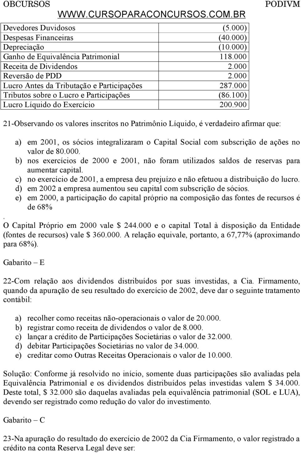 900 21-Observando os valores inscritos no Patrimônio Líquido, é verdadeiro afirmar que: a) em 2001, os sócios integralizaram o Capital Social com subscrição de ações no valor de 80.000.