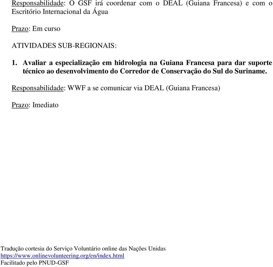 Avaliar a especialização em hidrologia na Guiana Francesa para dar suporte técnico ao desenvolvimento do Corredor de Conservação