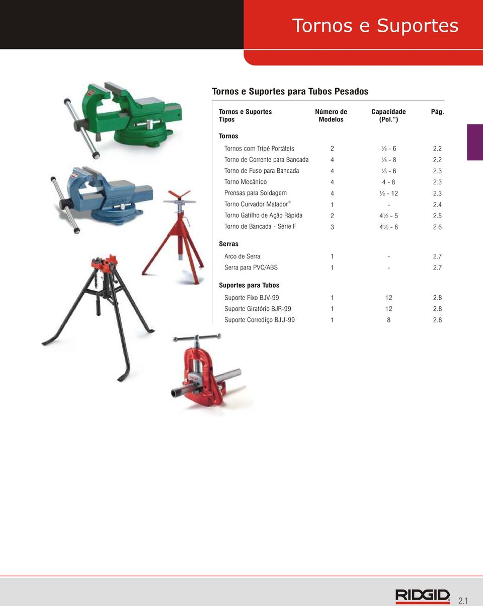 3 Torno Curvador Matador 2. Torno Gatilho de Ação Rápida Torno de Bancada Série F 2 3 ½ ½ 6 2. 2.6 Serras Arco de Serra 2.